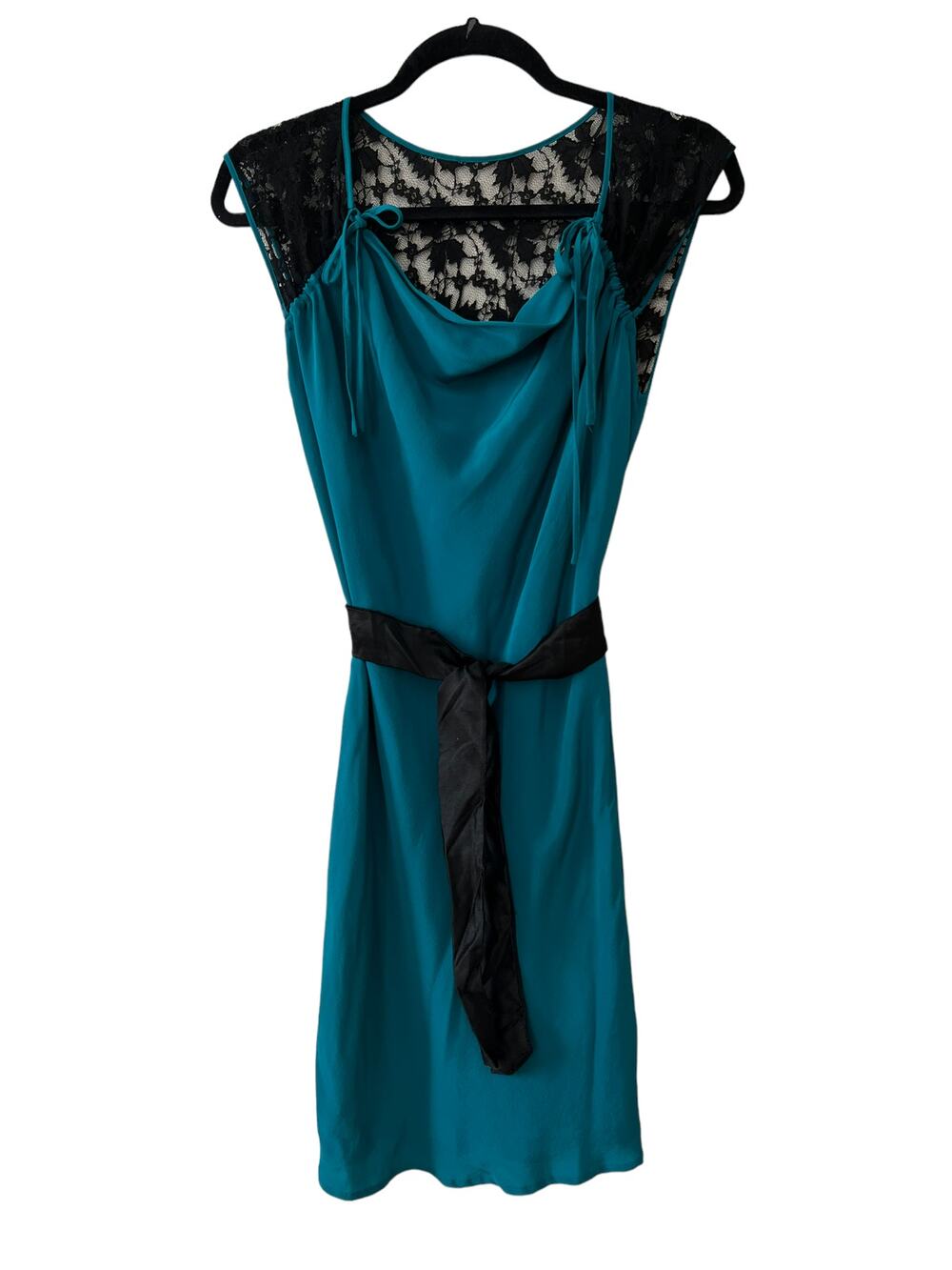Falls Silk Belted Midi Dress Green & Black Lace Panel 0